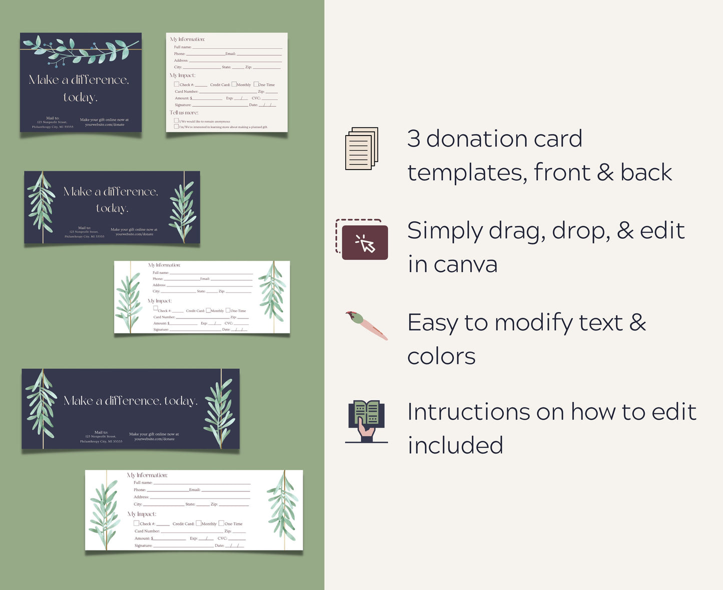 Nonprofit Fundraising Donation Card Templates | Elegant Earth | Three Sizes